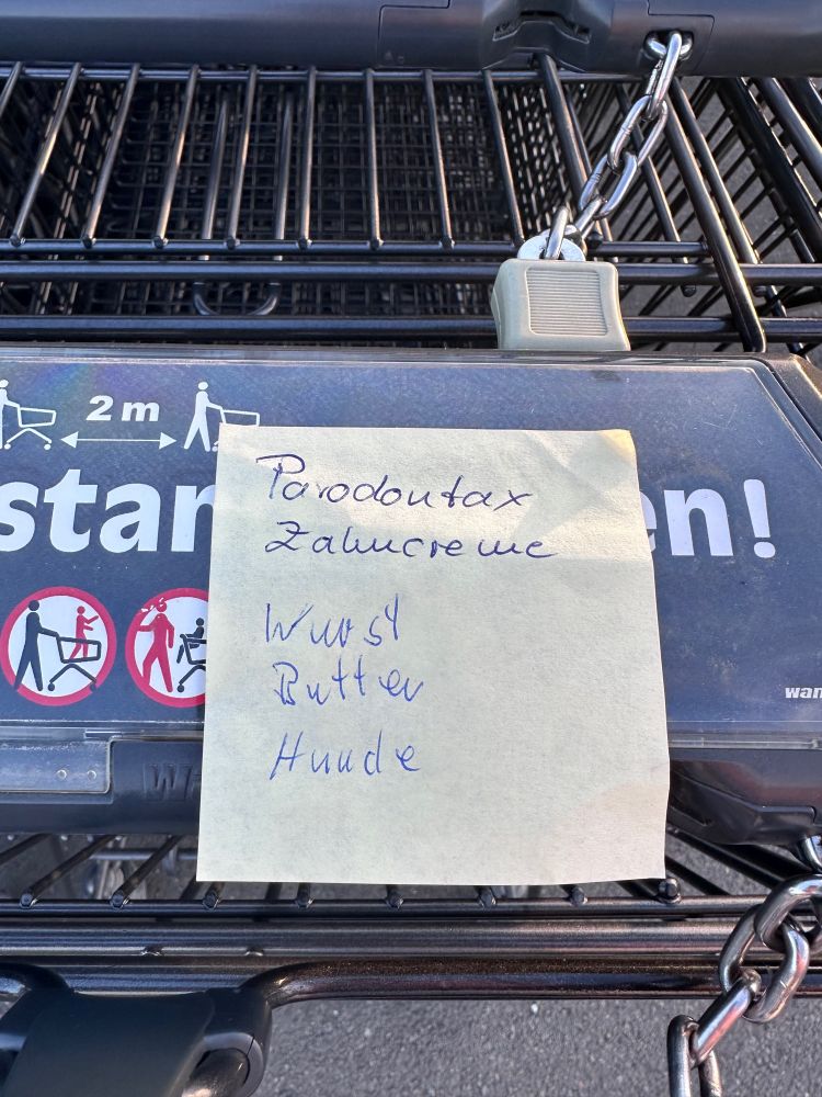 Ein Einkaufszettel, auf dem neben anderen alltäglichen Dingen wie Wurst auch ,,Hunde“ steht