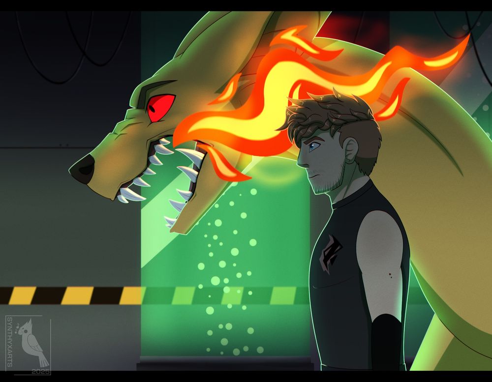 Digital artwork of two characters in a lab background. In the background are two green bio chambers that are empty, but have bubbles in them. The character in the back is Paul, a big yellow monsterous creature with red eyes and flames coming out his mouth. The human character is his father Markus.