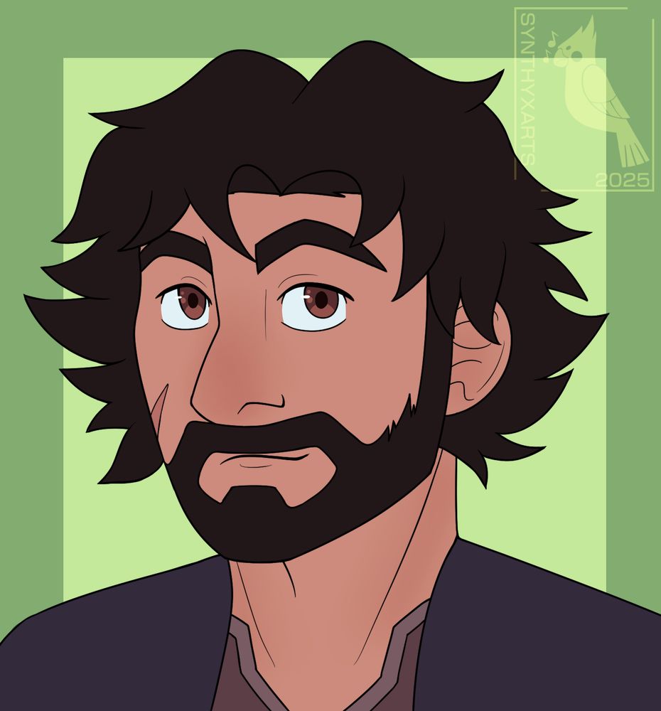 Digital art of a male human character with a beard and dark brown fluffy hair. He has a scar on the right side of his face.