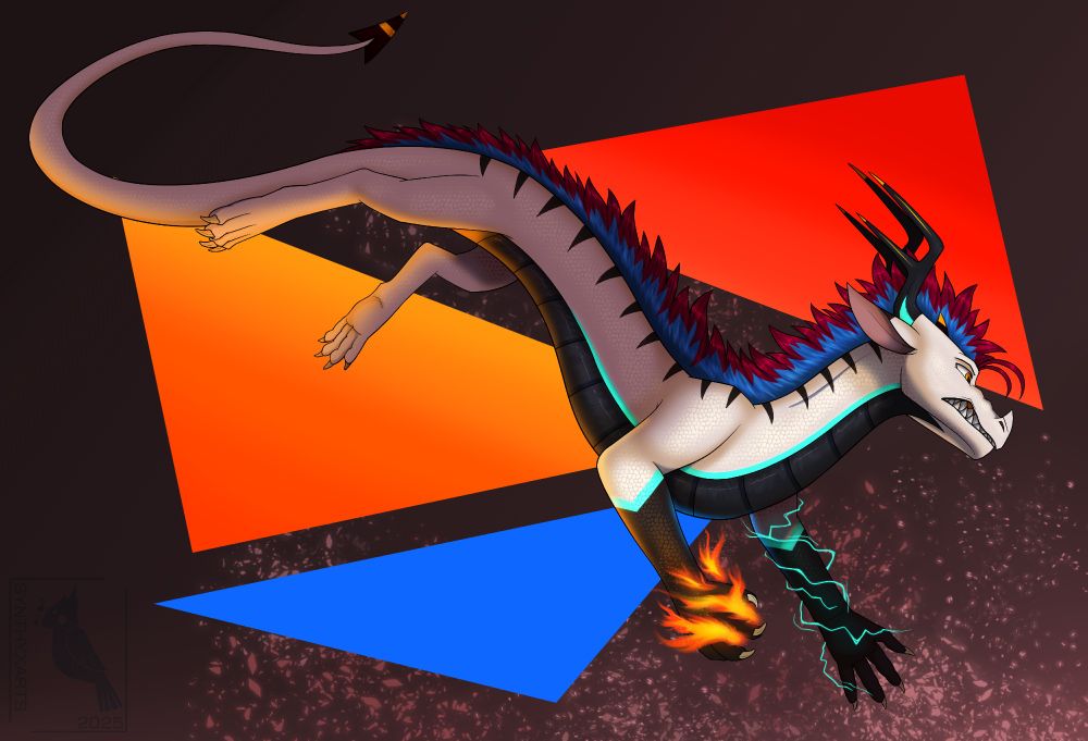 Art of my dragonsona Synthia! The background is dark red-purple with 3 triangles, red, orange, and blue with some firespark effects at the bottom right corner. Synthia is harnessing her electric and fire elemental powers.
