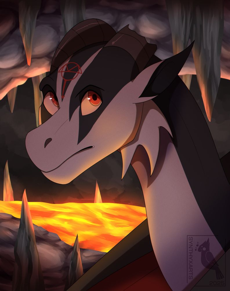 Digital artwork of a black and white dragon with one broken horn. The dragon's name is Ghoul; he's located in a cave with a lava pool in the background. Stalagmites and stalactites are also present.