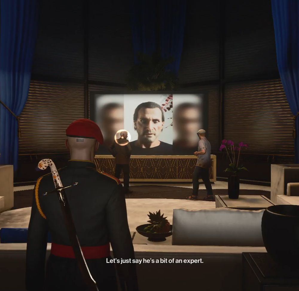 Screenshot from Hitman III's first mission, "On Top of the World". Agent 47 faces down Carl Ingram and Marcus Stuyvesant as Lucas Grey speaks to them in their final moments.