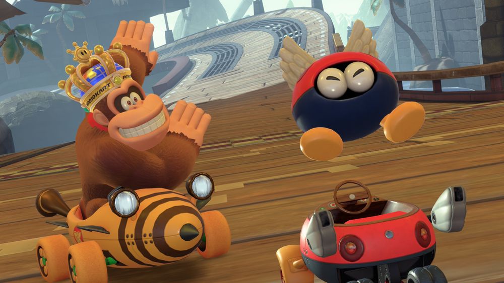Screenshot from Mario Kart World, featuring Donkey Kong and Biddybud.