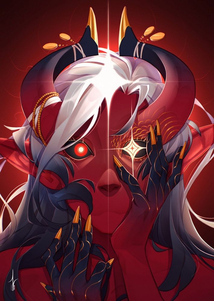 A red horned character with long ear. She is facing the viewer in a shocked expression. Her dark hands with gold nails and accents are going around her face. She has no mouth. She has long white hair going on dark blue.
A star is coming out from her left eye shining.
