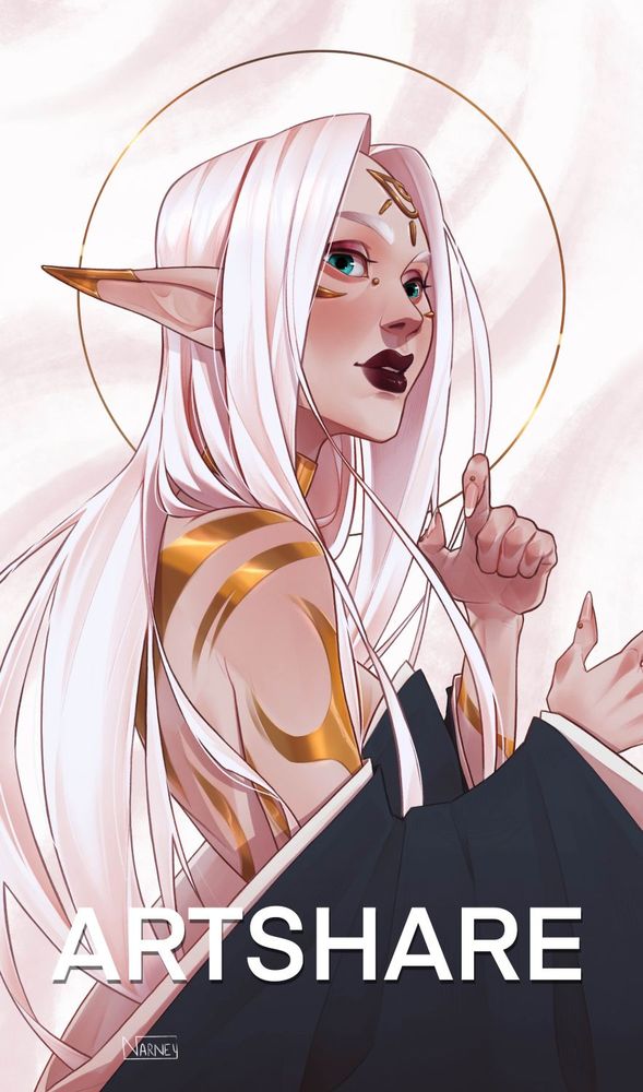 An elf lady, white long hair. She has a lot of gold accent, on cheeks, shoulders, ears, and a golden eye on her forehead. She wears a black kimono like clothe. She has deep blue lagoon eyes and dark red lips. 
Artshare edition