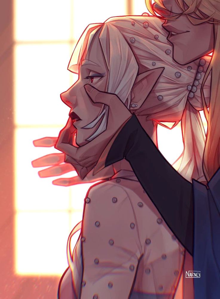 OCs, Ivemylla, half-elf is sitting before a long blond haired man, her half-brother : Liazar. He wears a long blue robe and a black shirt as there is a gold accent on the tip of it. He is bending over her, smiling, holding her face toward the mirror after she got ready before meeting her future family in law. One of his finger touches her lips, keeping a mark of her lipstick on it. The other hand is presenting her. Her long white hair are attached in a bun with long strand hanging under it. A lot of pearls are pinned in it, same on her transparent dress' part. She looks cold, off. 
The window is behind them, showing a late day light.