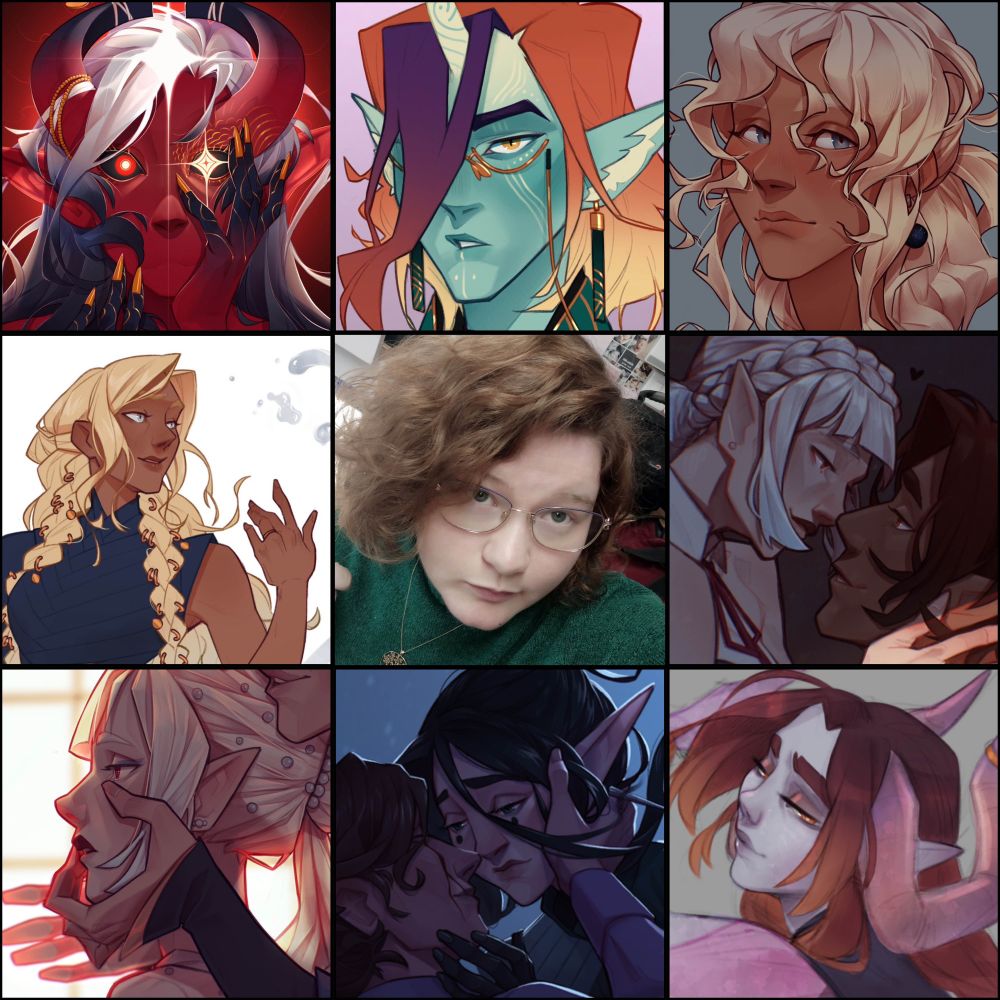 9 squared pics with various characters. In the middle a pic of the artist who made it. 