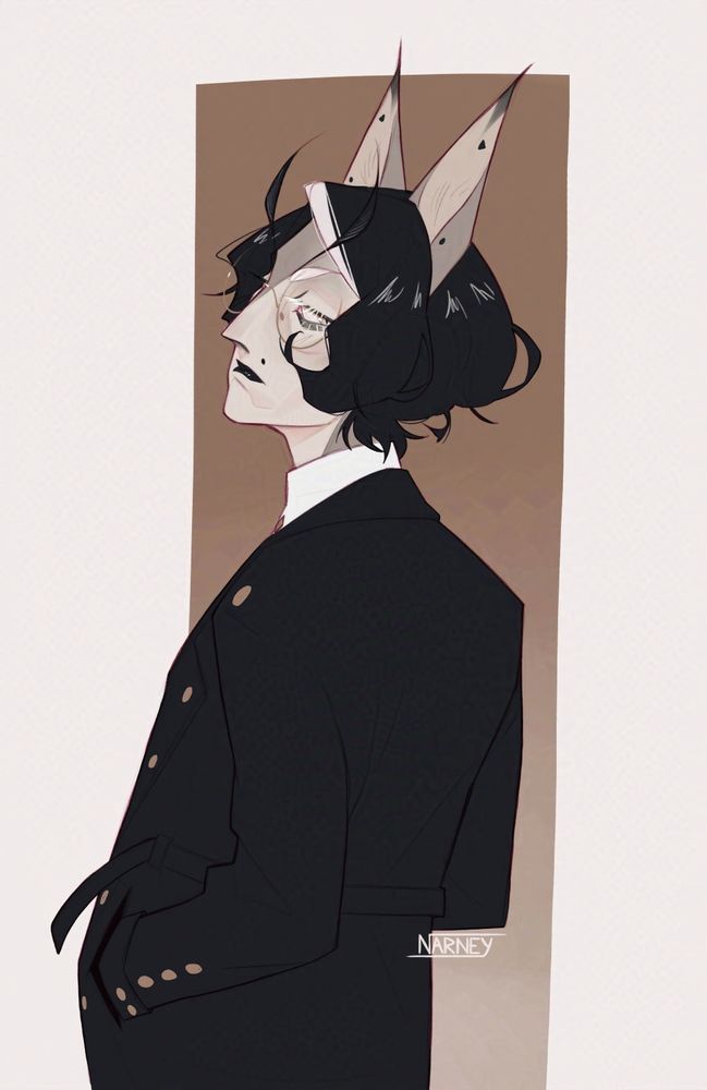 Esther. A character half body wearing a long black coat. She is turning her back to the viewer and she gives a glance over her shoulder toward the viewer. She has long feline ears and short black hair.