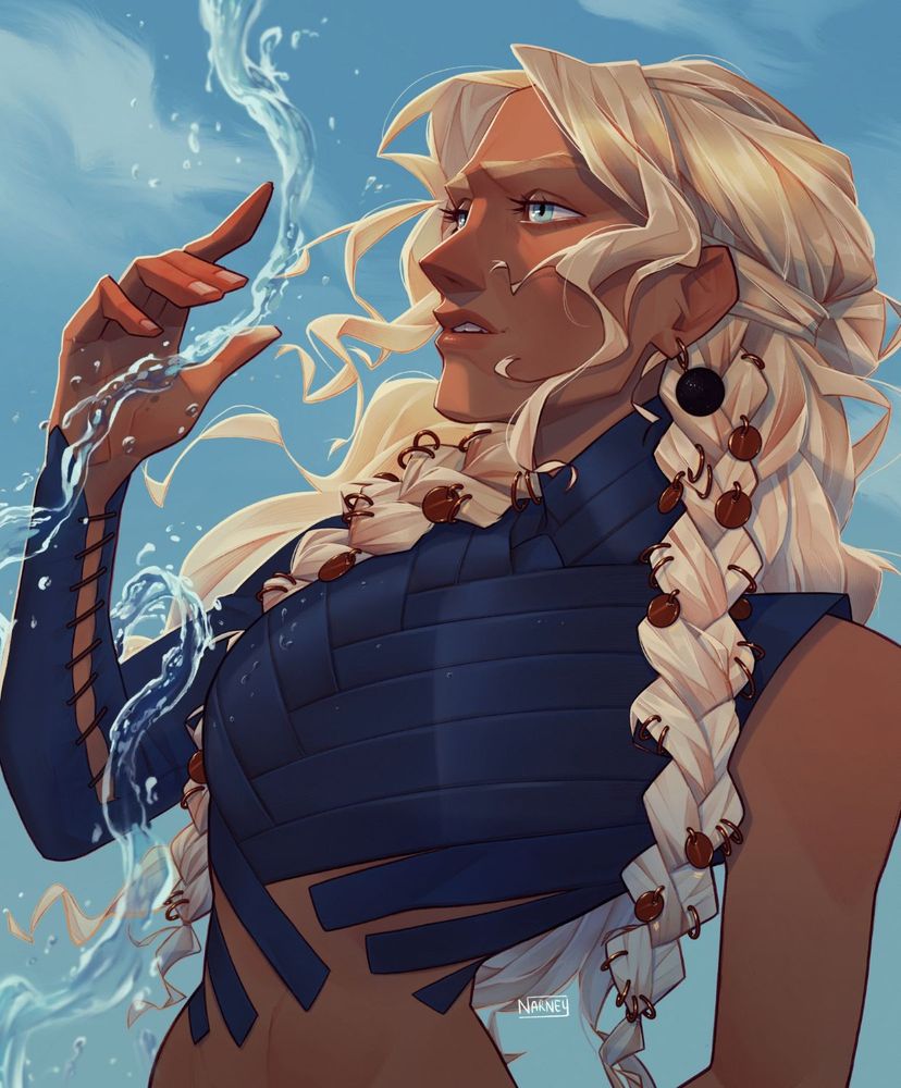 OC Jude, taned, long wavy blond hair with 2 big braids on each side, jeweled with rings and coins in them. She looks confident, one arm up while bending some water.