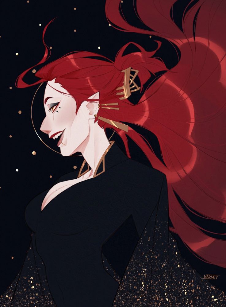 Profile of a red head woman with pointy ears. She wears a black suit with  long sleeves with gold accents. 