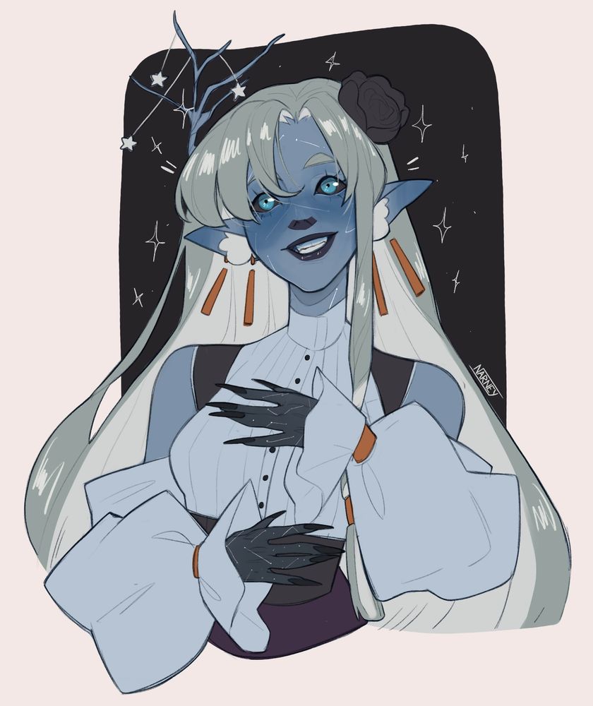 Leora, blue lady character with long grey hair with inner white. She has a black rose on the side of her head, a blue branch on the other with hanging stars. She wears puffy sleeves top and gold earrings. 