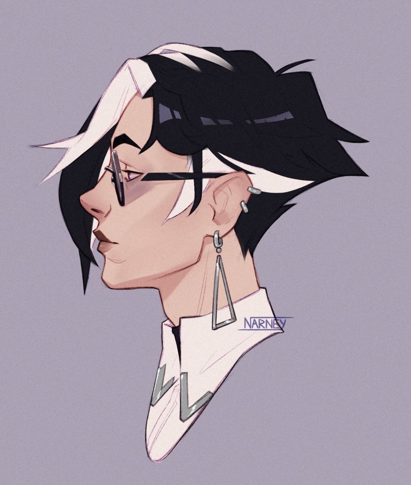 Digital art of a portrait. This is a profile of an androgynous character with short white and black hair, longer on the front. They are wearing silver earrings and sunglasses, as well as a white chemise. 
