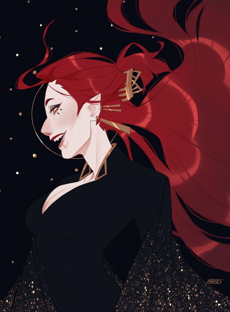 Profile of a red head woman with pointy ears. She wears a black suit with  long sleeves with gold accents. 