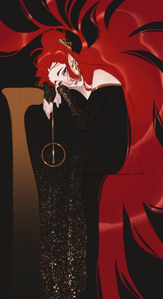 A lady curled up on herself with a long black dress with gold sparkles accent. She has long red hair and wears golden jewels.
