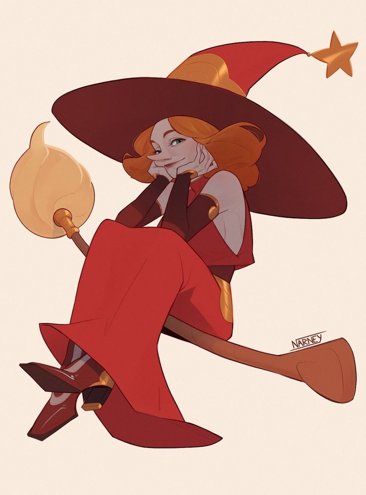 A red dress witch sitting on her broom. She has a big hat with a star at the end of it. She has puffy red hair, a long nose, and green eyes. 