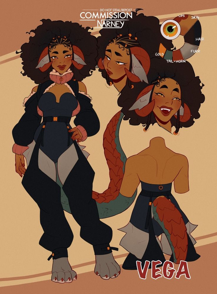 Vega, character sheet, with one fullbody, one backview and 2 headshots. 
The character is a woman with afro puffy hair, gold jewels in braids on her head. She has big copper horns on each side of her head with grey lamb ears. She has a big scaly tail and the bottom side of her body is animal shaped with big paws. She has brown skin and big lips. 
The headshots are first looking away shyly and the other is cheerful, showing her fangs. 
Her outfit consists of a black body, black loosen pants that start in the middle of her tights. She is wearing a jacket with nude shoulders. The inside is filled with furr. The sleeves are big and puffy with pink accents.