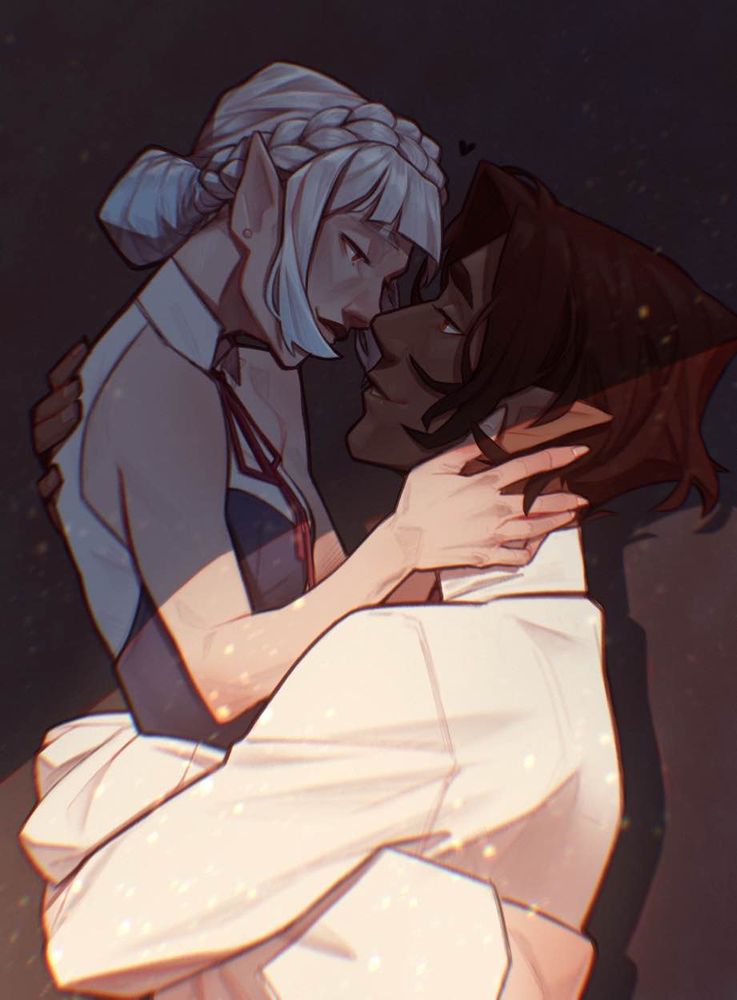 Ivemylla and Markiev, OCs, both half elf looking. They are looking lovingly at each other as Markiev is holding Ivemylla in his arms. She has longs white ice hair, tied up in a bun and a braid all around her head, and bangs. Markiev is tanned and has some more brown reddish hair.
