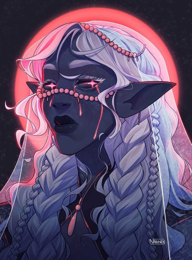 A cleric of the blood moon. 3/4 portrait of a female character with pointy ears. Dark blue/purpleish skin with stars freeckles in it. Long white hair with braids on each side, one big and one tiny. Rails of pearls are over her face going to an ear to another crossing the nose, and on the hair. 
She has big lips and star (cross) shaped eyes, glowing in red, pinkish. A veil goes on her hair and shoulders. 
A full blood moon stands behind her on a starry sky. 