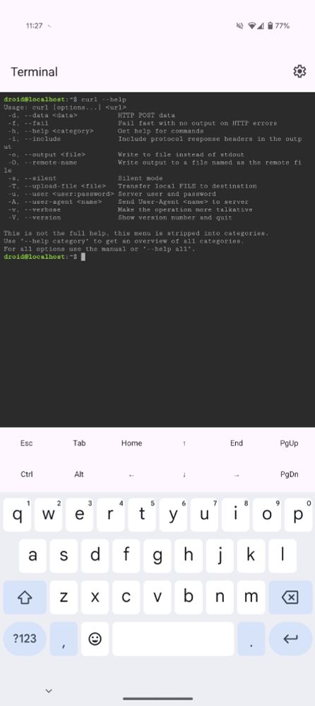 Native Android Linux Terminal, pictured showing curl help.