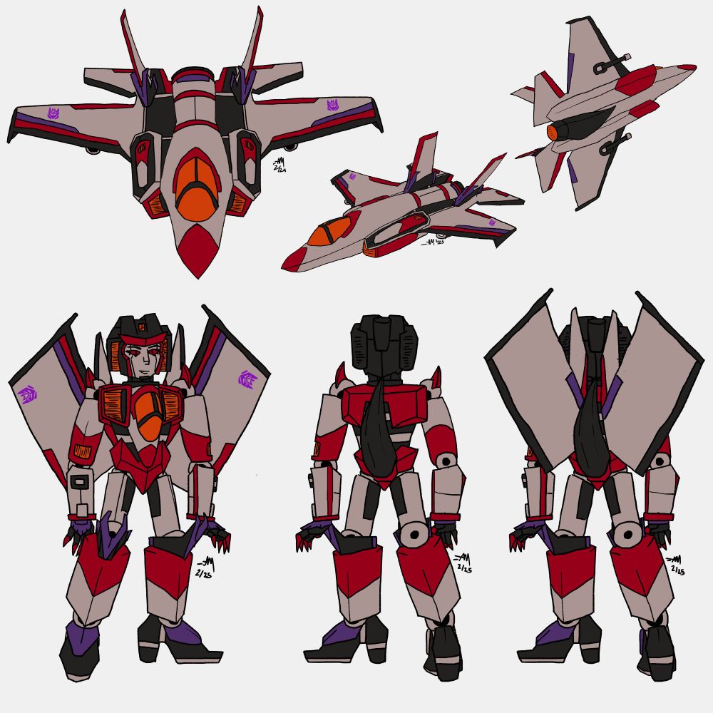 A digital, colored reference sheet of my interpretation of Starscream's design. The top of the image has 3 jets at various angles colored in light gray, dark gray, red, purple, and orange. The bottom of the image has Starscream facing forward, him facing backwards without his wings, and him facing backwards with his wings