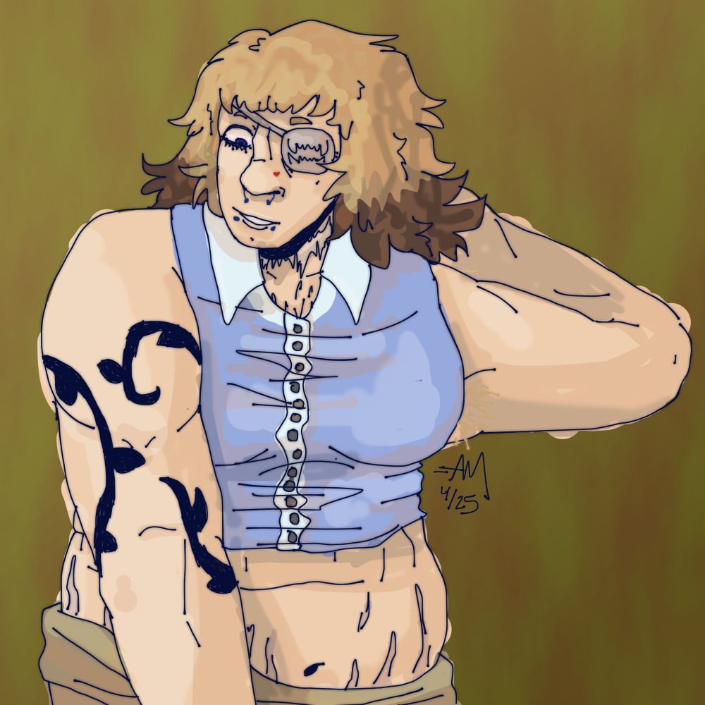 Digital art of a friend's OC from the waist up, standing with one arm down and her other behind her head. She is looking down