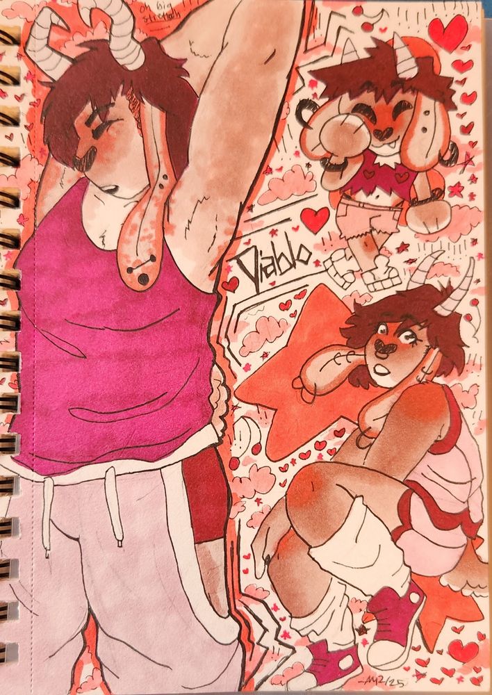 Traditional drawings of an anthro goat OC. On the left he is stretching his arms up behind his head. On the top right he is chibi and doing a little step. On the bottom right he is sitting. The page has little doodles of clouds, hearts, stars, and exclamation points all over 