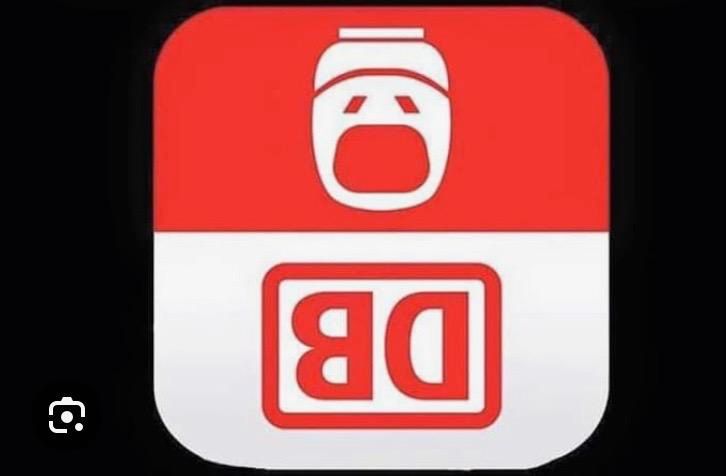 Das Logo der Bahn auf den Kopf gestellt. Dadurch sieht der abgebildete ICE wie ein sehr trauriges enttäuschtes Gesicht aus. 
