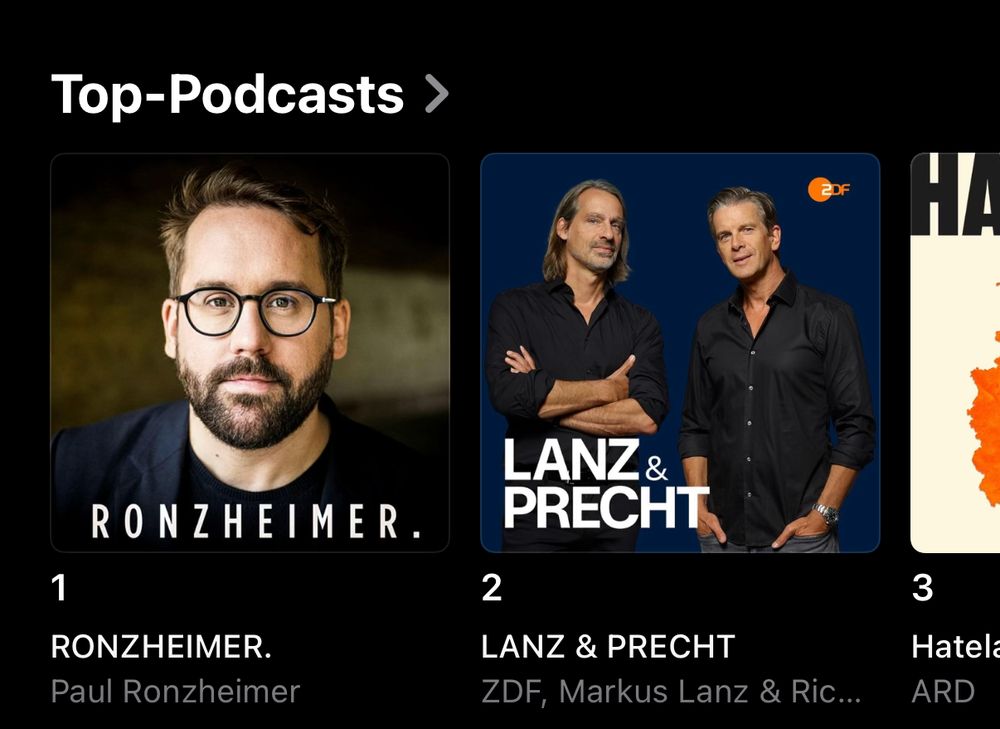 Screenshot Podcast App, auf den ersten beiden Plätzen sind „Ronzheimer“ und „Lanz & Precht“