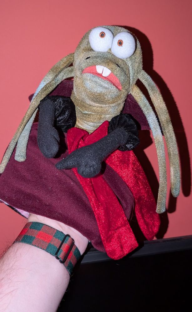 A Ziltoid The Omniscient hand puppet, banished from guarding our Christmas Tree for one more year.