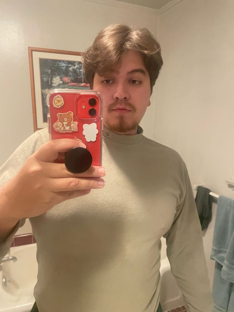 me in mirror wearing a gray long sleeve 