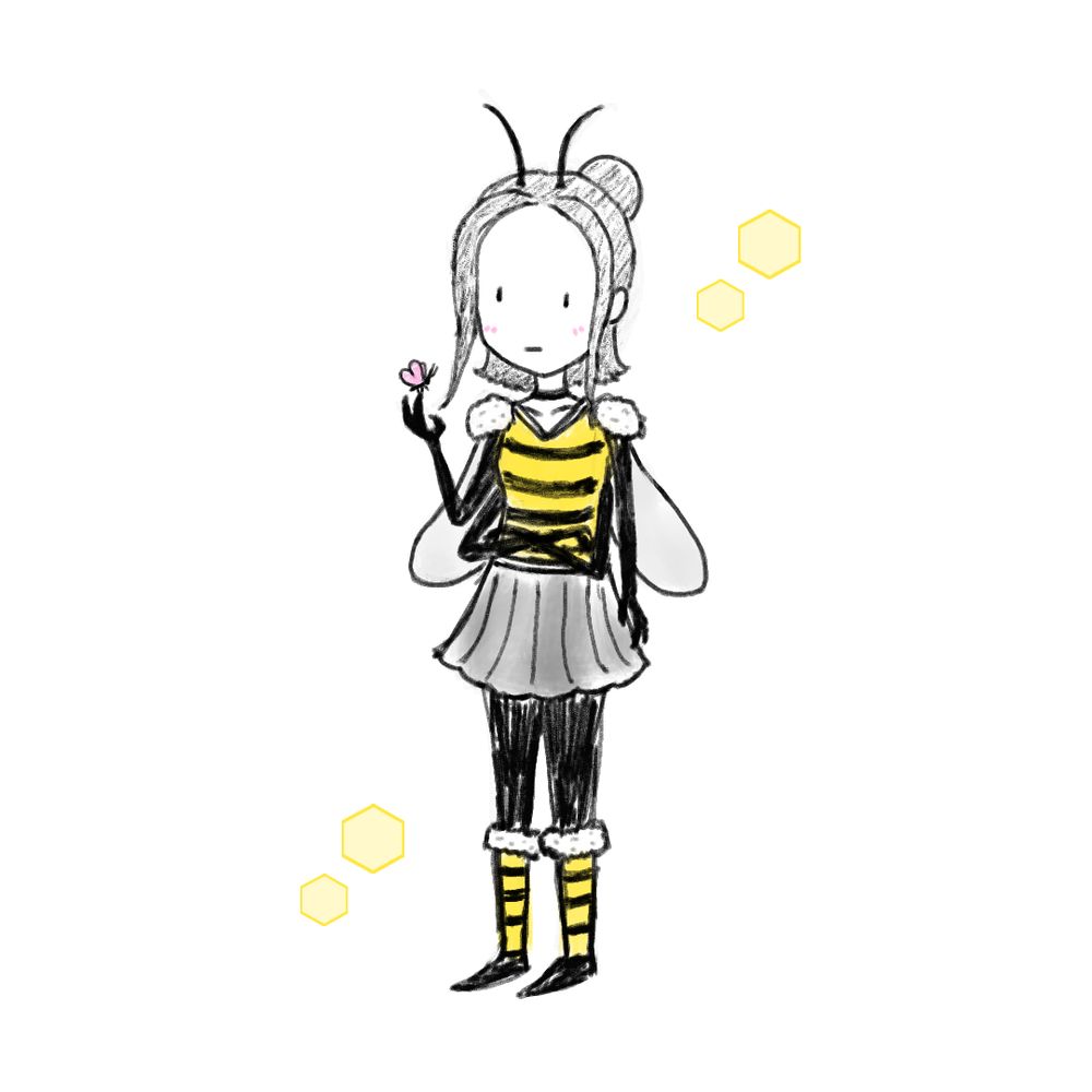 Illustration of an anthropomorphic bee girl character. She has four arms, and on one raised hand, a butterfly is perched on her finger/claw.