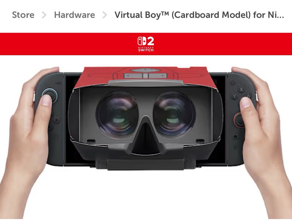 Picture of the Virtual Boy cardboard headset attachment for the Switch 2. There is a slot for your nose. 
