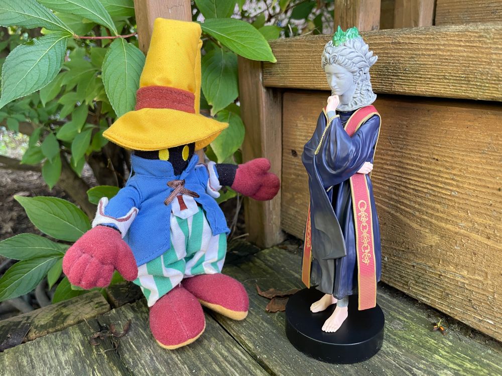 A photo of a plushie of Vivi from Final Fantasy IX and a figurine of Sellen from Elden Ring