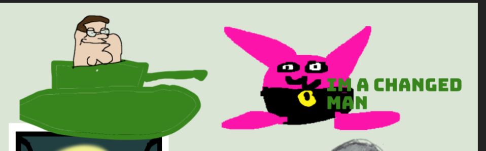 Grey's doodles. Peter Griffin in a tank about to blow Dinkle away because he is a changed man. Dinkle is a changed man.