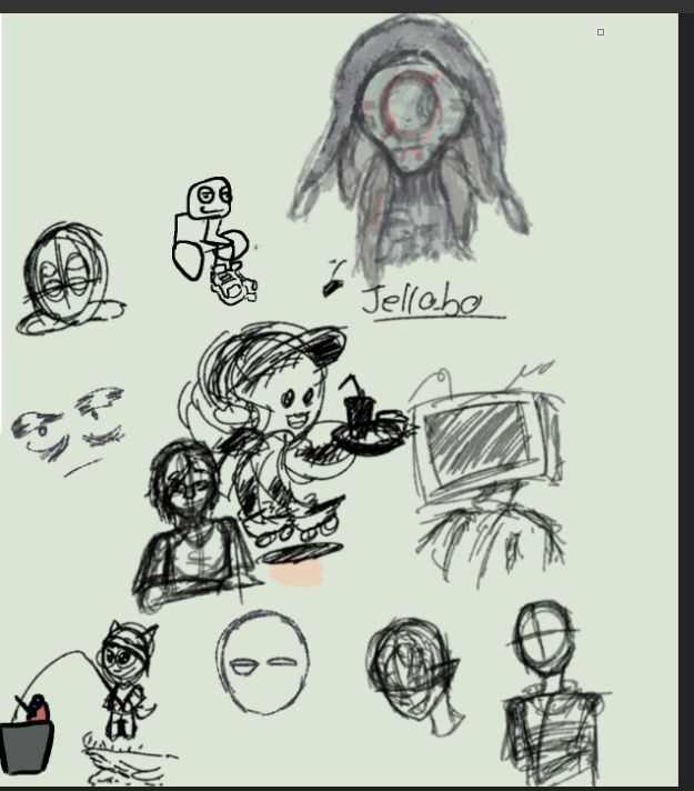 Doodles of Alien TV. The top is a headshot of Ivara from Warframe, Jellabo the Mc.Donalds servant, and several headshot for practice.