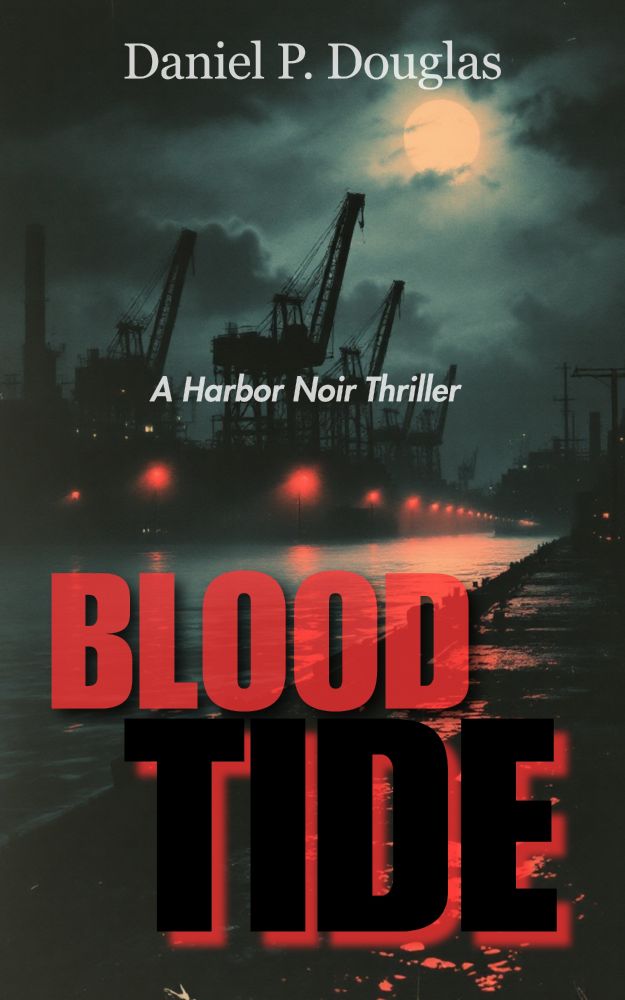 Book cover for "Blood Tide" by Daniel P. Douglas, subtitled "A Harbor Noir Thriller". The cover features a dark, moody nighttime scene of an industrial harbor with large shipping cranes silhouetted against stormy clouds and a pale moon. The water reflects red lights from the dock, creating an ominous atmosphere. The title "BLOOD TIDE" appears in large, bold red letters across the bottom portion of the cover.