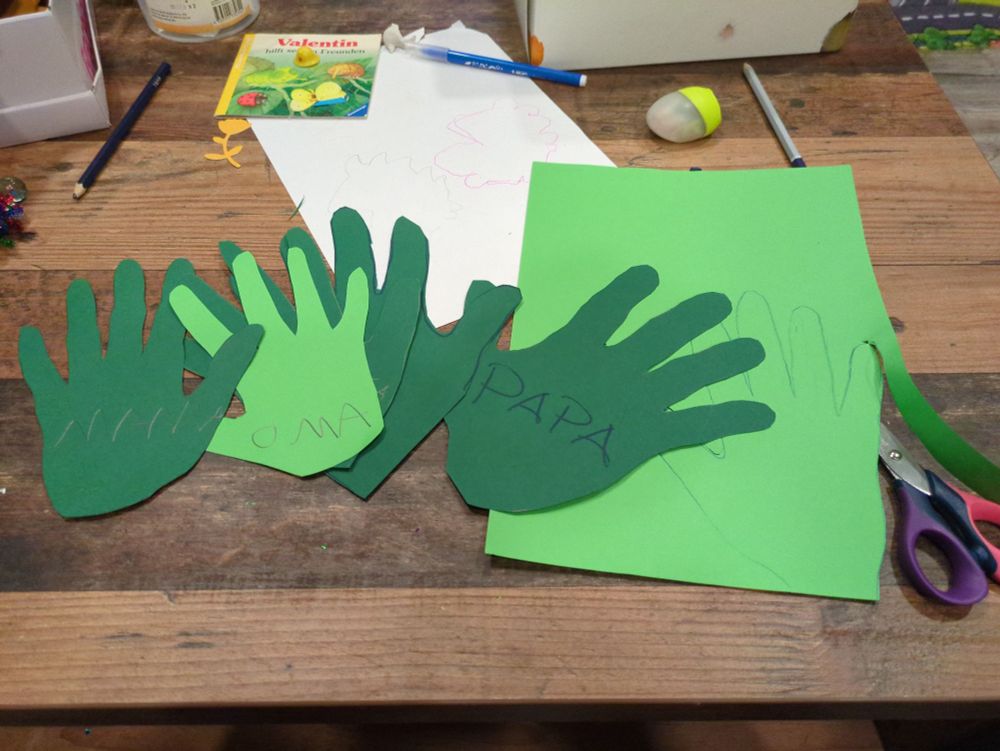 6 aus Papier ausgeschnittene Handabdrücke, beschriftet mit "Mama", "Papa", "Oma",..