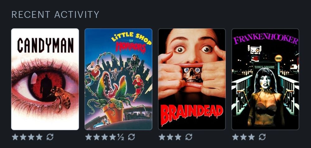Letterboxd Recent Activity 

Candyman (1992) ⭐⭐⭐⭐ (rewatch)
Little Shop of Horrors (1986) ⭐⭐⭐⭐1/2 (rewatch)
Braindead (1992) ⭐⭐⭐ (rewatch)
Frankenhooker (1990) ⭐⭐⭐ (rewatch)