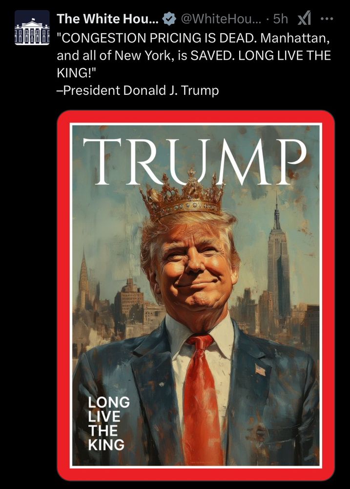 A picture of a tweet from the White House, falsely identifying Trump as a King and showing him on the cover of a fake magazine in a crown. 