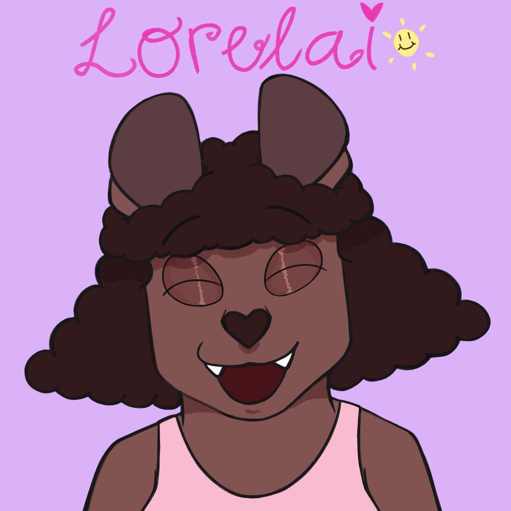 Lorelai's profile picture. Lorelai is a cat girl with medium length 4c textured hair, she is smiling warmly. Above her is text that reads Lorelai in pink cursive with a smiling sun. 