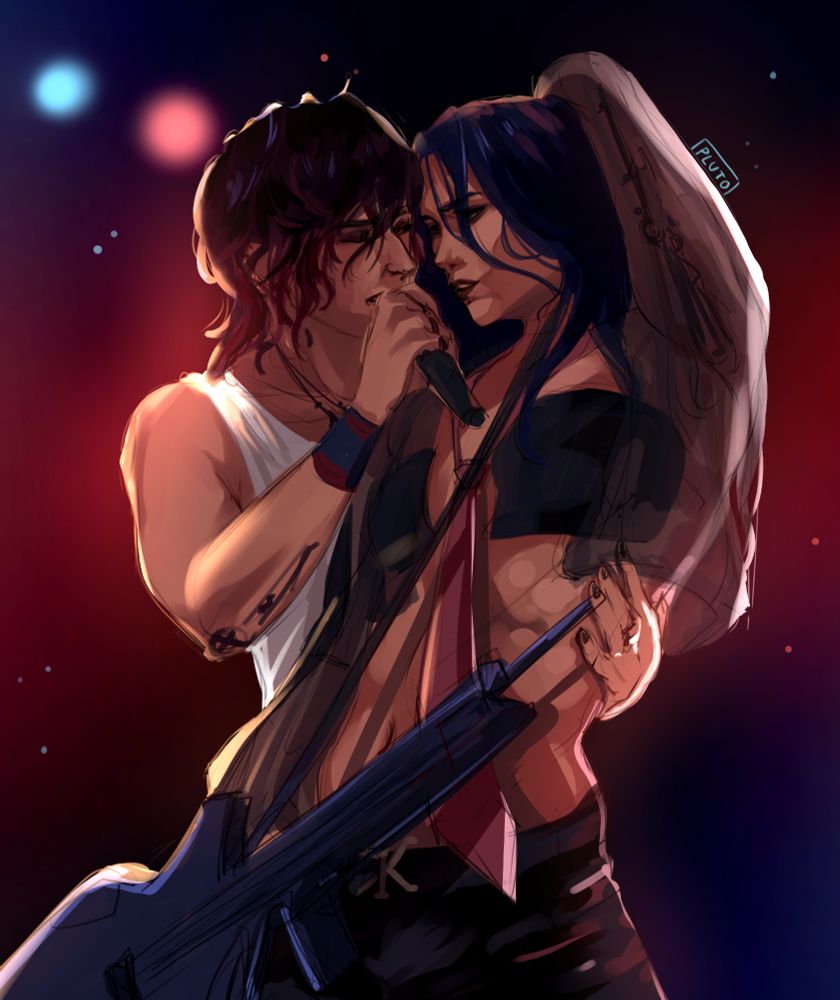 Rockstar Caitlyn posing with one arm over her head. She's wearing a thin, translucent top that shows off her torso and black trans tape. A gun shaped guitar hangs off her. Behind Caitlyn is Vi with a microphone on her right hand, singing with her face extremely close to Cait's. she's holding Cait's waist with her left hand. The background is dark with a few blue and red lights, simulating a stage.