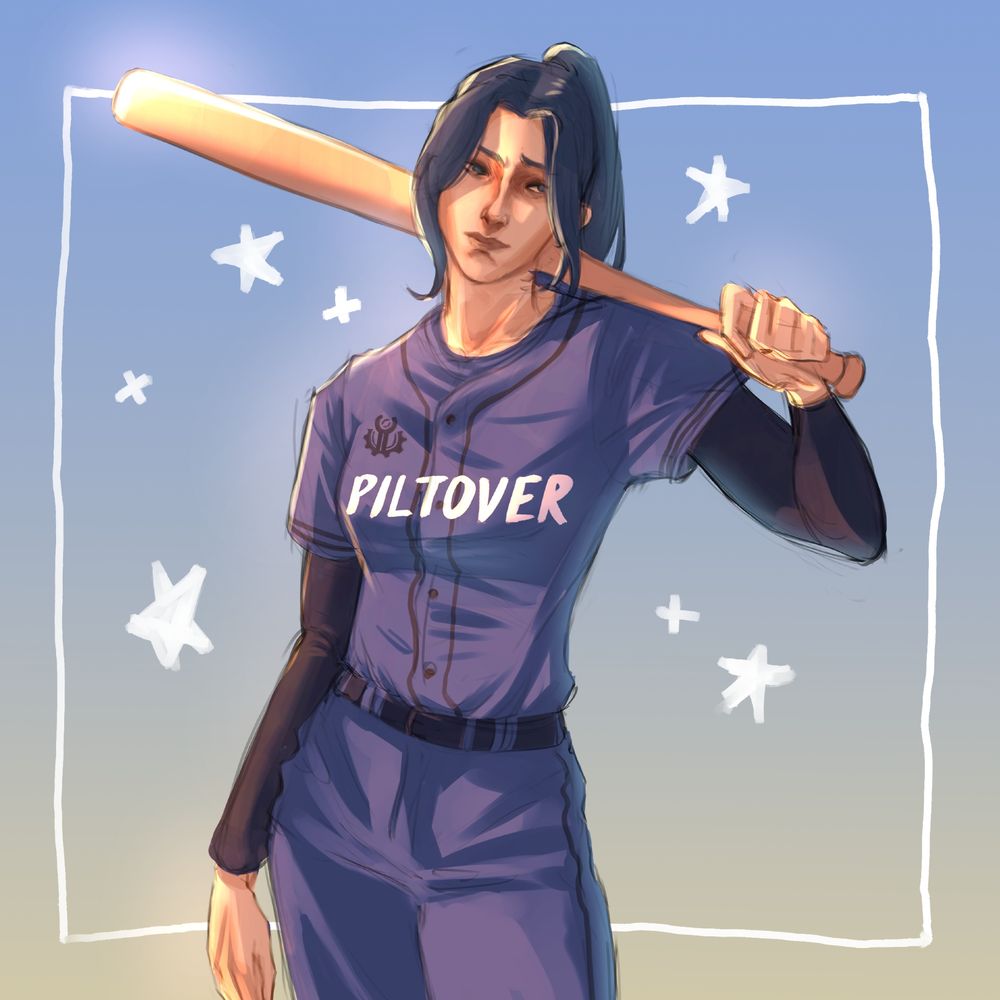 Baseball player Caitlyn wearing a blue and black PILTOVER kit with a bat slung over her shoulder. 