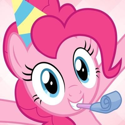 Pinkie Pie from MLP:FiM, wearing a party hat & blowing a noisemaker