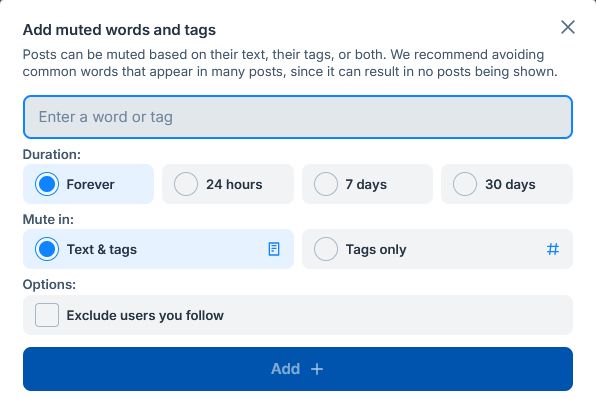 Screenshot of Bluesky's "muted words and tags" feature, showing the various options available.