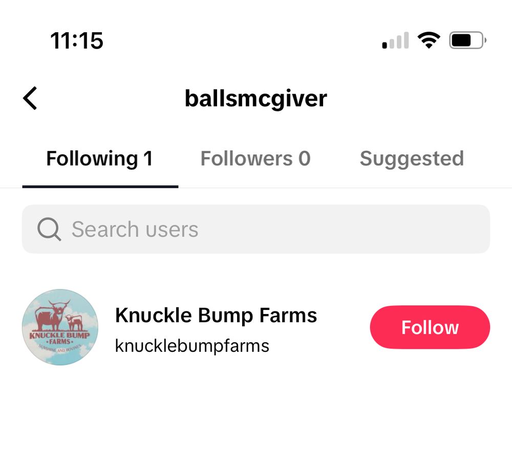 TikTok user ballsmcgiver follows just one account, Knuckle Bump Farms, and has no followers.