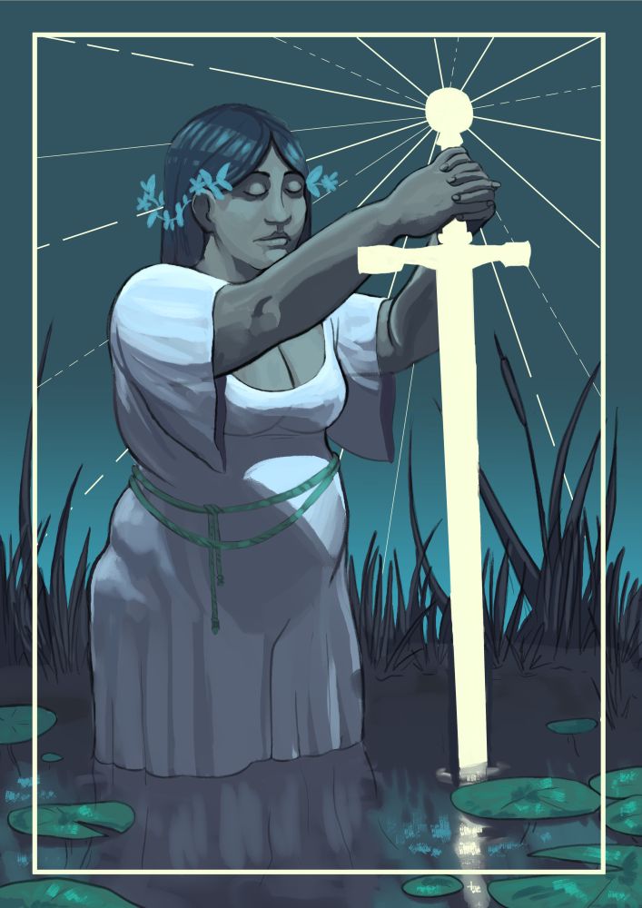 Illustration d'une femme tenant une épée dans un étang, dans des teintes bleutées.