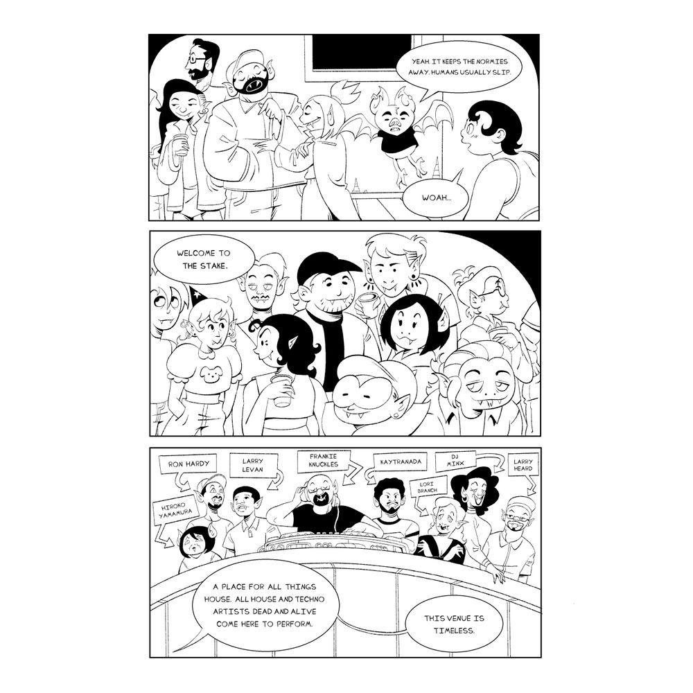 BLOODY MARY INTERIOR ART.  Maria makes her way into the club "THE STAKE" with a bunch of familiar house music faces.