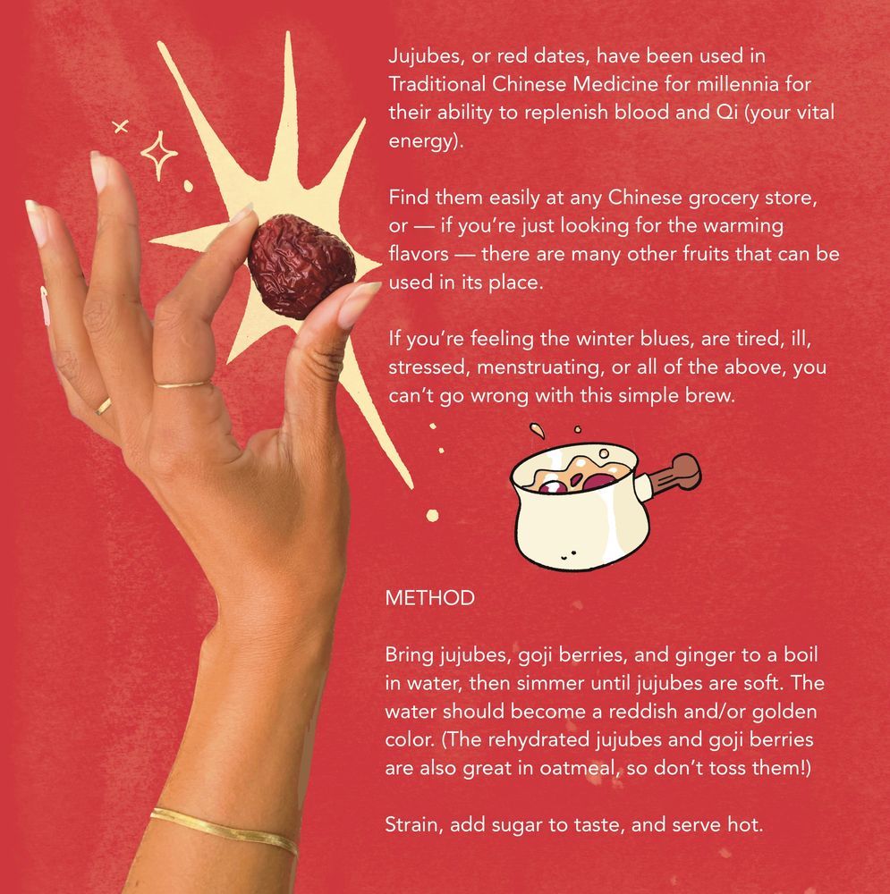 Hand collaged into the page holding up a jujube as part of the recipe instructions for an unseen beverage.
