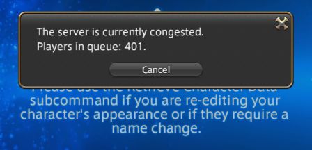 Congested server message from FFXIV showing I am player 401 in queue. The message is in front of the message that displays when there's been some sort of server issue and character data are not pulled correctly.