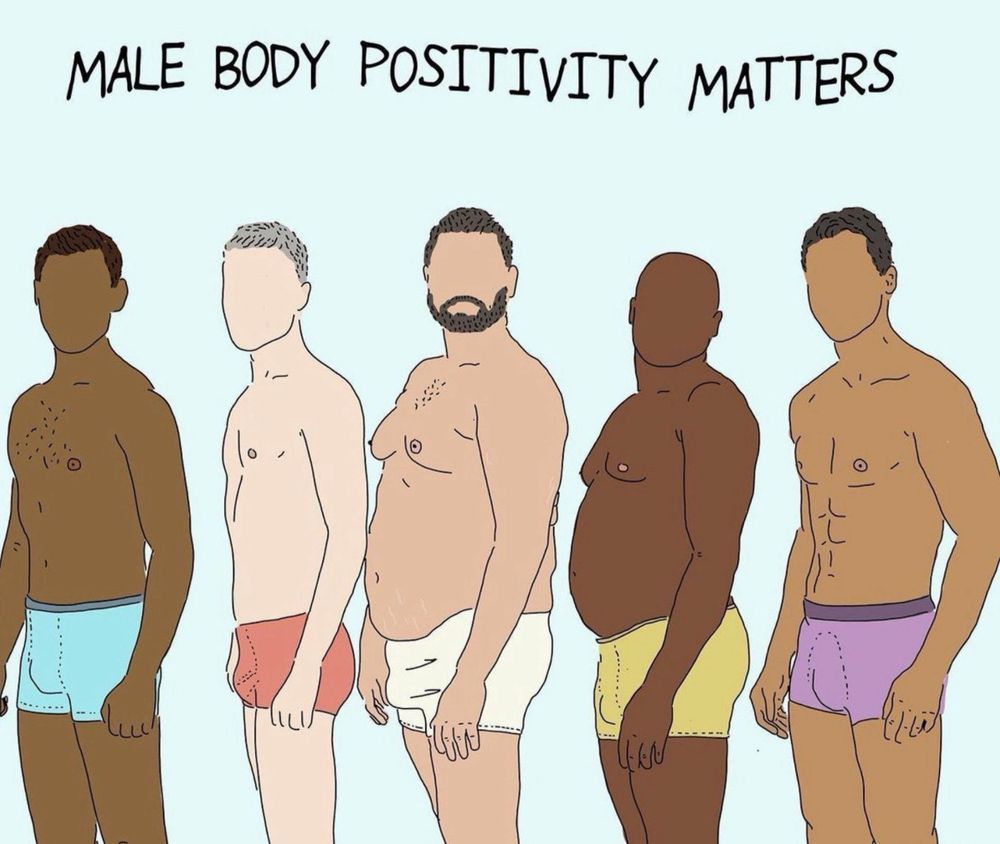 Line Style drawing of 5 male bodies of various shapes and of different skin tones.